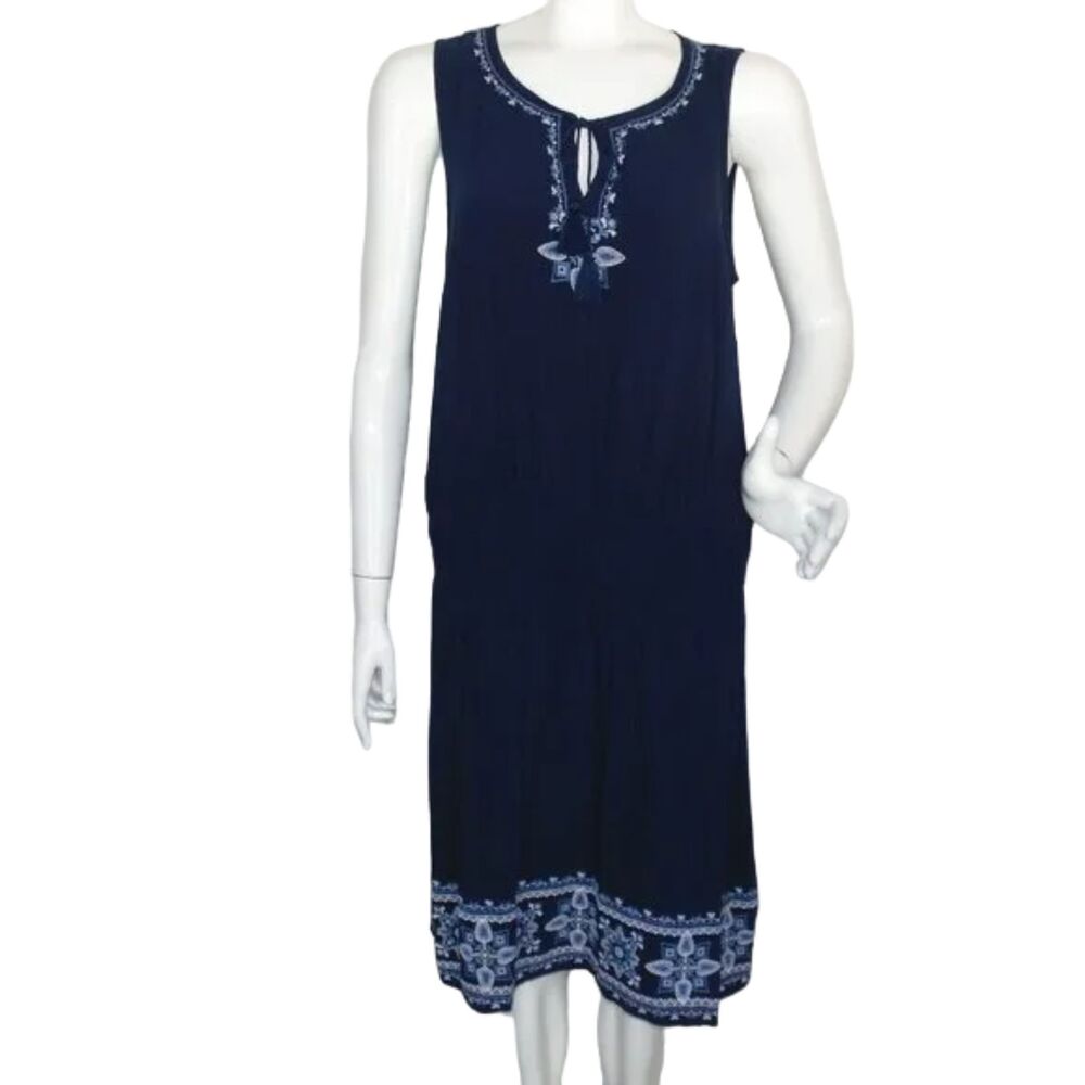 J. JILL Dress, L, Blue, Embroidered, Smocked waist, Sleeveless, Tie neckline